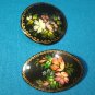 Russian black lacquer ware two brooch pins M. A. flower floral paper mache lacquerware jewelry