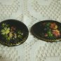 Russian black lacquer ware two brooch pins M. A. flower floral paper mache lacquerware jewelry