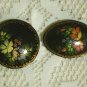 Russian black lacquer ware two brooch pins M. A. flower floral paper mache lacquerware jewelry