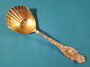 Baker Manchester Spartan sterling silver 1900 pierced spoon nut bon bon sugar gold wash flatware