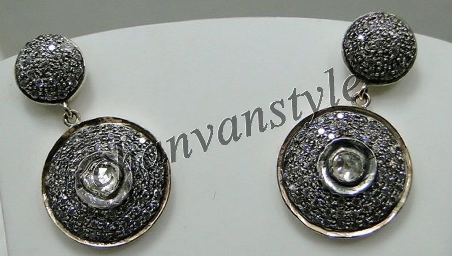 Victorian Handmade 3.20 Ct Rose Cut/Polky Diamond 925 Sterling Silver Earring