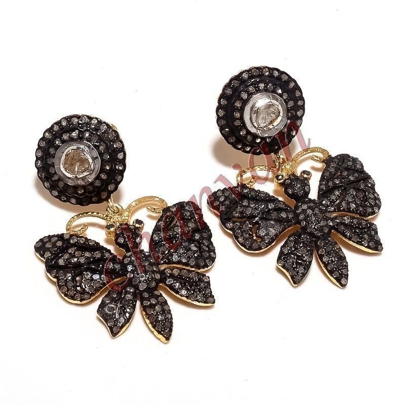Pave Rose Cut Diamond 925 Silver Butterfly Antique INSPIRE Earring CSJ120516