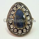 Pave Victorian Insp. Rose Cut Diamond 925 Silver Sapphire Polky Ring @CSJ18617