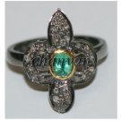 Vintage/Antique Look Deco Rose Cut Diamond 925 Sterling Silver Emerald Pave Ring