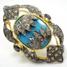 Victorian Look  1.30Ct Rose Cut Diamond 925 Sterling Silver Turquoises Ring 0161