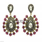 Handmade Vintage Look 2.45CT Rose Cut Polki Diamond 925 Silver Ruby Earring CSJ