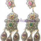 Vintage Look 1.60Ct Rose Cut Diamond 925 Silver Ruby Emerald Long Earring CSJ