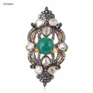 Handmade Rose Cut/Polky Diamond 925 Silver Unique Emerald Antique INSP Long Ring