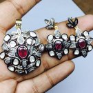 Vintage Victorian Look Rose Cut Polky Diamond 925 Silver Pendant Earring Set CSJ