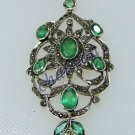 Vintage Look !! 1.24 Ctw Rose Cut Diamond 92.5% Sterling Silver Emerald Pendant