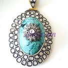 Antique Inspire 3.80CT Polky/Rose Cut Diamond 925 Silver Turquoise Pendant CSJ27