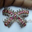 Pave Handmade Vintage INSPIRE Rose Cut Round Diamond 925 Silver Ruby Brooch /Pin