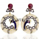 Peacock Style Vintage INSP 2.25C Polki/ Rose Cut Diamond 925 Silver Hoop Earring