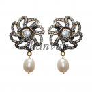 Vintage Antique Look Deco Rose Cut Polky Diamond 925 Silver Pearl Earring CSJ70