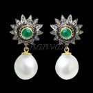 Vintage Look 1.1Ct Rose Cut Diamond Sterling Silver Pearl/Emerald Earring 160417