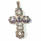 New Vintage Repro. Polki Rose Cut Diamond Silver Cross Sapphire Pendant CSJ 276