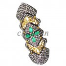 Antique Artisan Rose Cut Diamond 925 Silver Knuckle Emerald Long Ring @CSJ10717