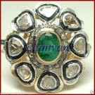 Handmade Vintage Style 1.22C Rose Cut/Polki Diamond 92.5% Silver Emerald Ring CS