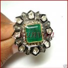 Vintage Repro. Handmade Polky Rose Cut Diamond 925 Sterling Silver Emerald Ring