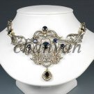 Vintage Antique Style Artisan Rose Cut Diamond Sterling Silver Sapphire Necklace
