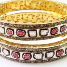 Vintage/Antique Rose Cut Polky Diamond 925 Sterling Silver Ruby Bracelet Pair