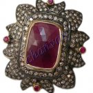 Vintage/Antique Inspire 3.20Ct Rose Cut Diamond 925 Silver Ruby Pave Ring CSJ217