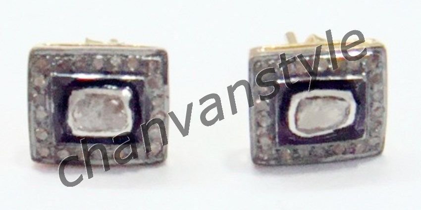 Victorian Style ! 0.48C Rose Cut/Polky Diamond 925 Silver Square Earring CSJ0022