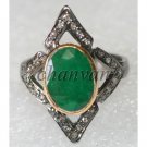 Vintage/Antique Style Handcrafted Rose Cut Diamond Sterling Silver Emerald Ring