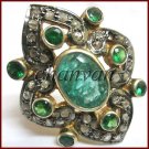 Art Deco & Antique Style Rose Cut Diamond Sterling Silver Emerald Ring CSJ15317