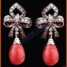 Estate Victorian Rose Cut Round Diamond 925 Silver Coral Earring Jewelry418