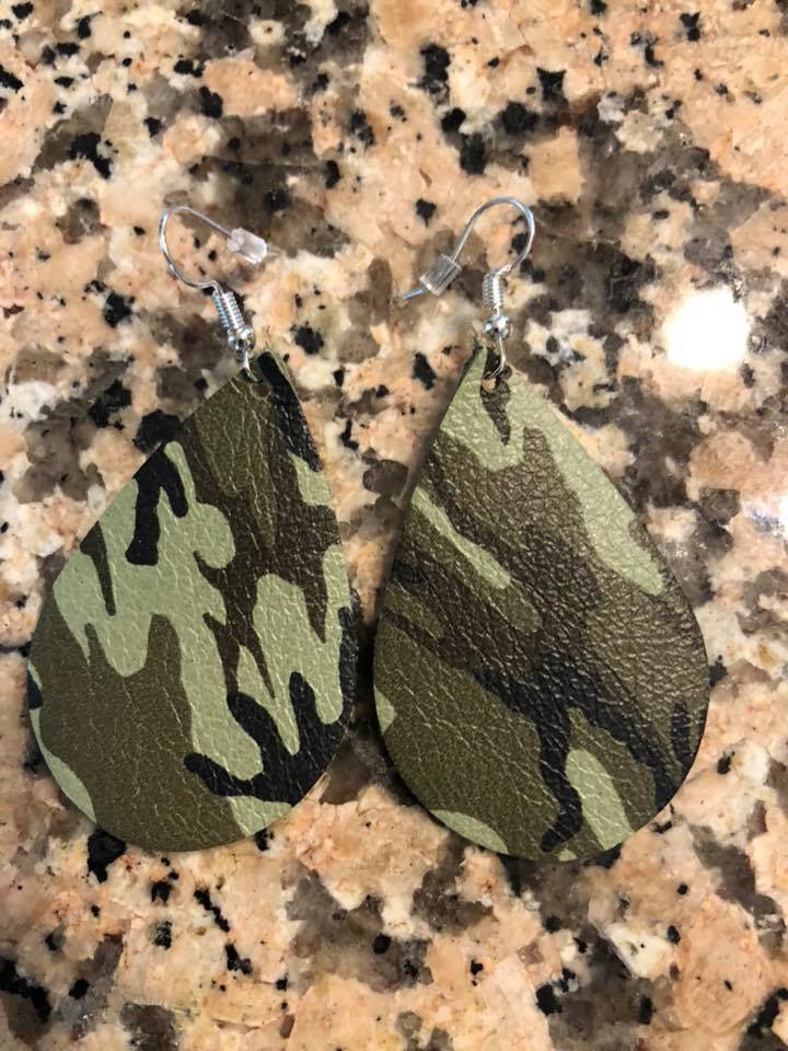 Army Green Camo Camoflage Leather Teardrop Earrings