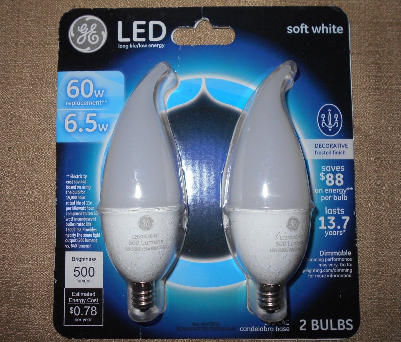 GE 60W Daylight Bent Tip Frost Candelabra Base Dimmable LED Light Bulb