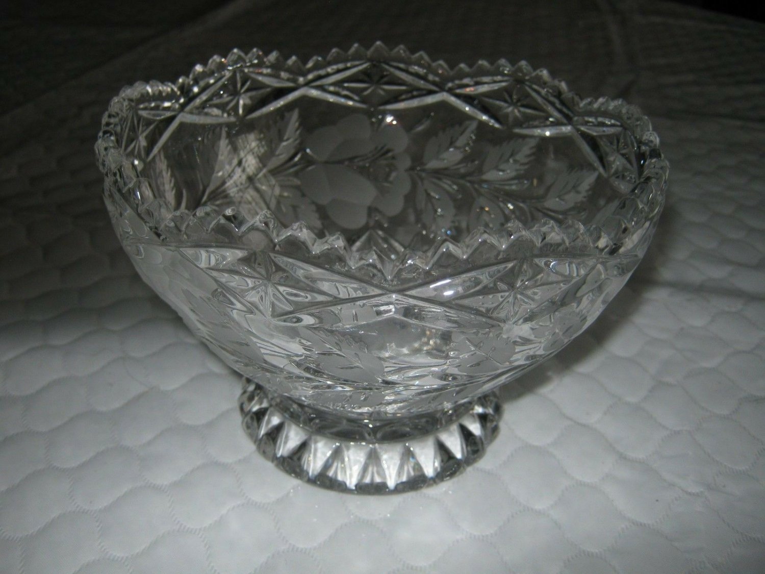 Imperlux Lead Crystal Footed Bowl With Frosted Leaf And Rose Pattern