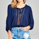 Ladies fashion cold shoulder w/front tie lace trim crinkle gauze woven top