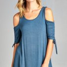 Ladies fashion cold shoulder w/sleeve bow tie round neck rayon spandex top