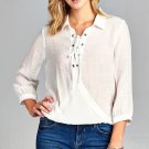 Ladies fashion 3/4 sleeve shirt collar w/lace detail surplice slub gauze woven t