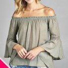 Ladies fashion plus size 3/4 bell sleeve w/lace trim off the shoulder slub gauze