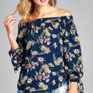 Ladies fashion off the shoulder floral print w/cuff bow tie woven top