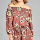 Ladies fashion 3/4 sleeve floral print w/smocked waist ribbon tie romper
