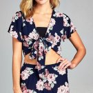 Ladies fashion short sleeve self tie floral print crinkle gauze crop woven top