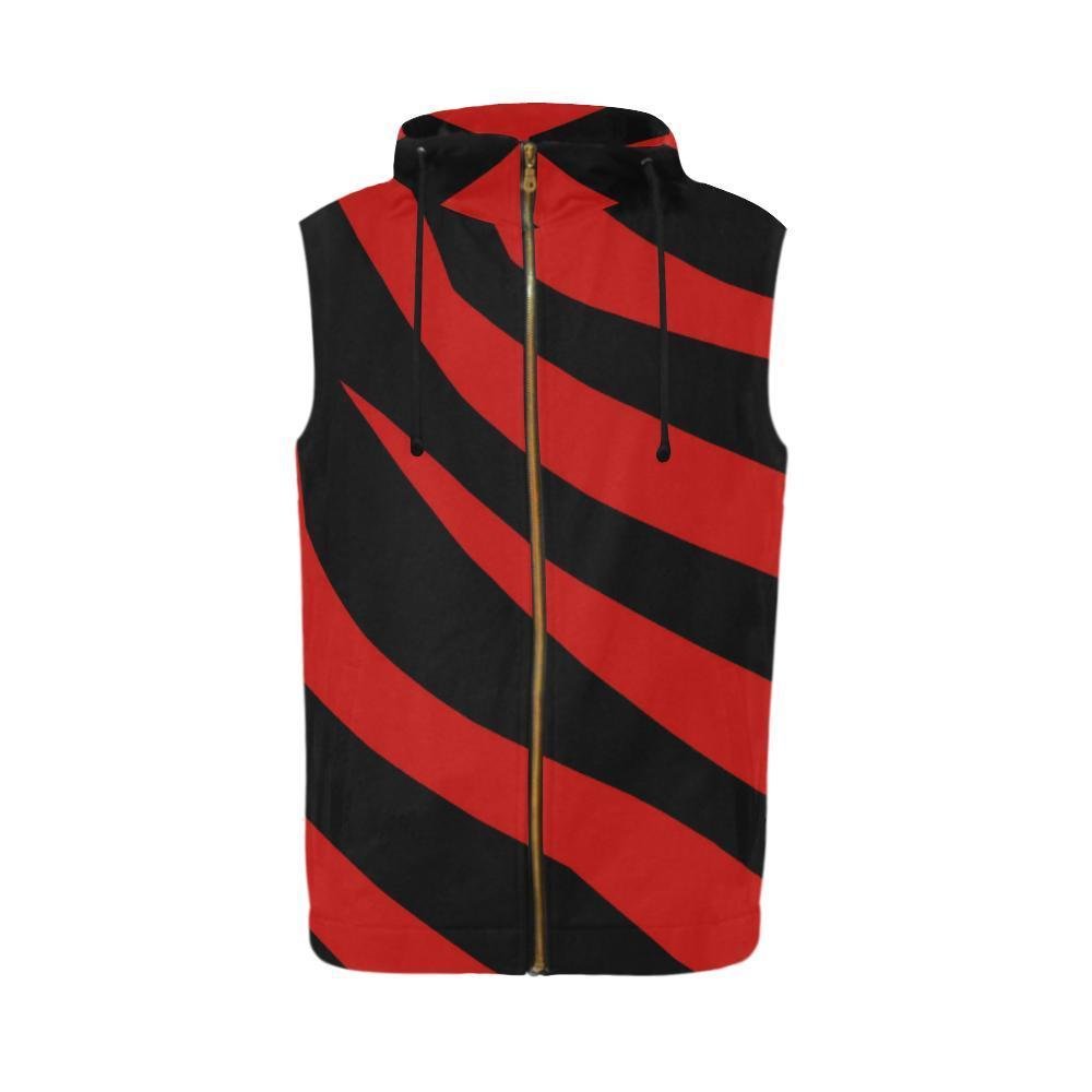 Red Black Zebra Pattern All Over Print Sleeveless Zip Up Hoodie for Men