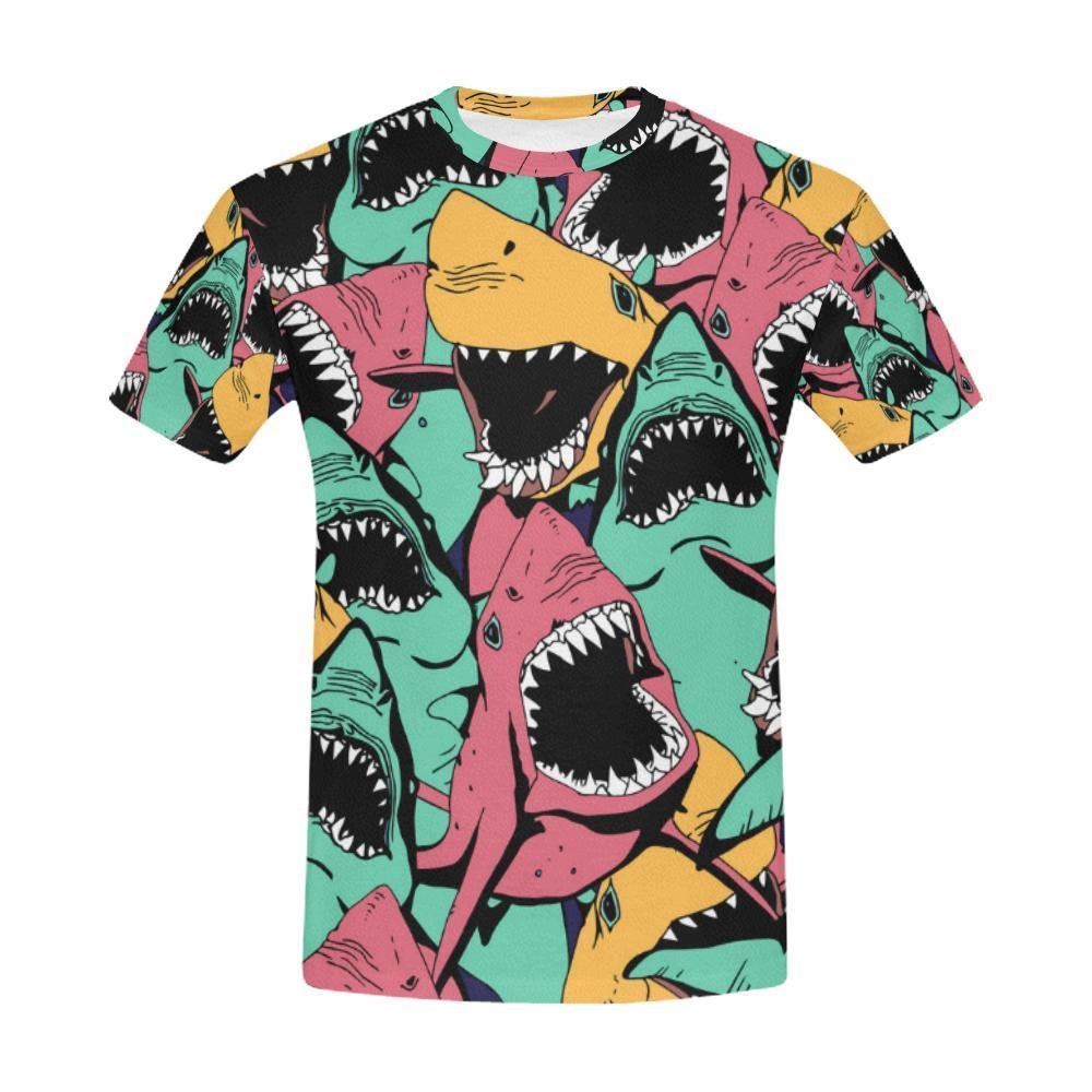 Angry Shark Seamless Pattern Sea Life All Over Print T-Shirt for Men (USA Size)