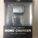 JW Just Wireless Single USB Port HOME CHARGER Micro USB 5ft Cable Gray