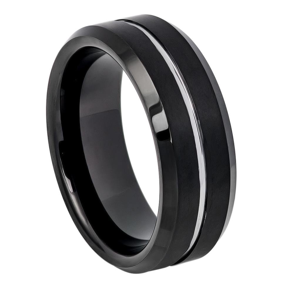 8mm Tungsten Ring Black IP Plated Brushed with Steel Color Grooved Center