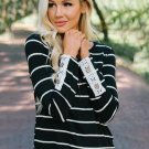 Black Striped Long Sleeve Top with Lace Button Detail