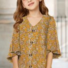 Yellow Floral V Neck Ruffled Sleeve Buttons Girl's Blouse