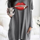 Gray Oversize Zipped Red Lips Long Sleeve Top with Pockets