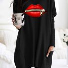 Black Oversize Zipped Red Lips Long Sleeve Top with Pockets