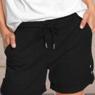 Black Elastic Waistband Pocket Drawstring Shorts with Button