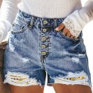 Yellow Floral Splicing Button Fly Distressed Denim Shorts
